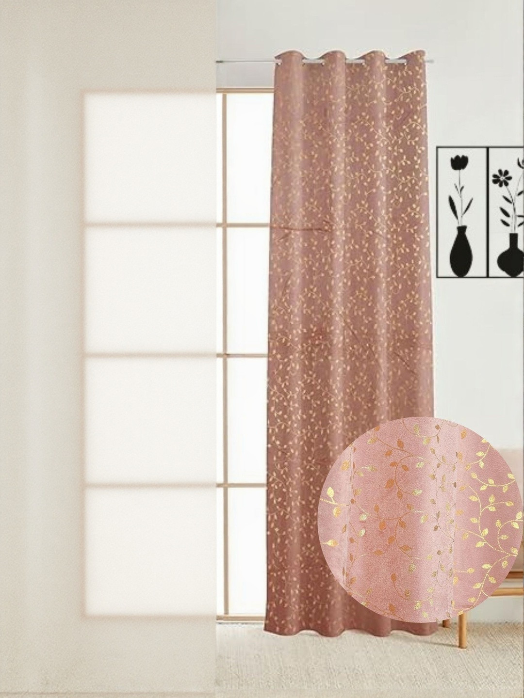 GEET CREATIONS Rose Gold Toned Floral Fade Resistant Velvet Room Darkening Door Curtain
