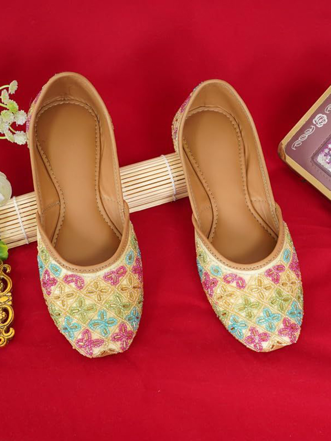 DFR Women Textured Handmade Dabka Work Mojaris Flats