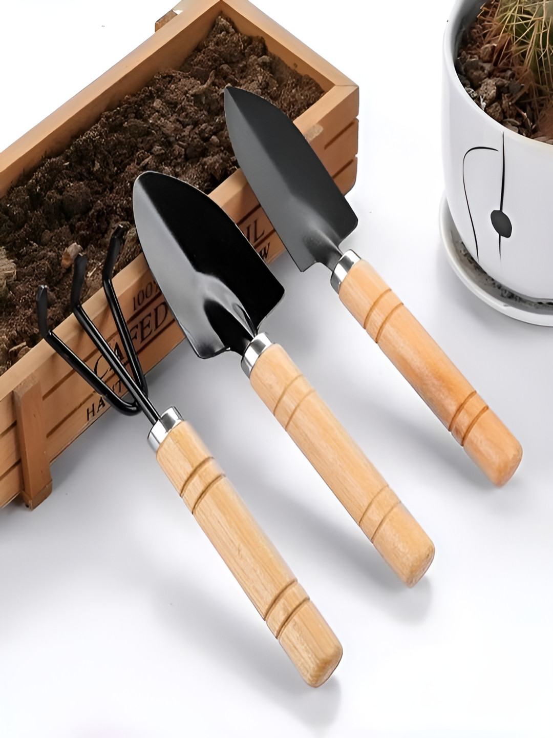DeoDap Black & Beige 3 Pieces Wooden Garden Tool Kit