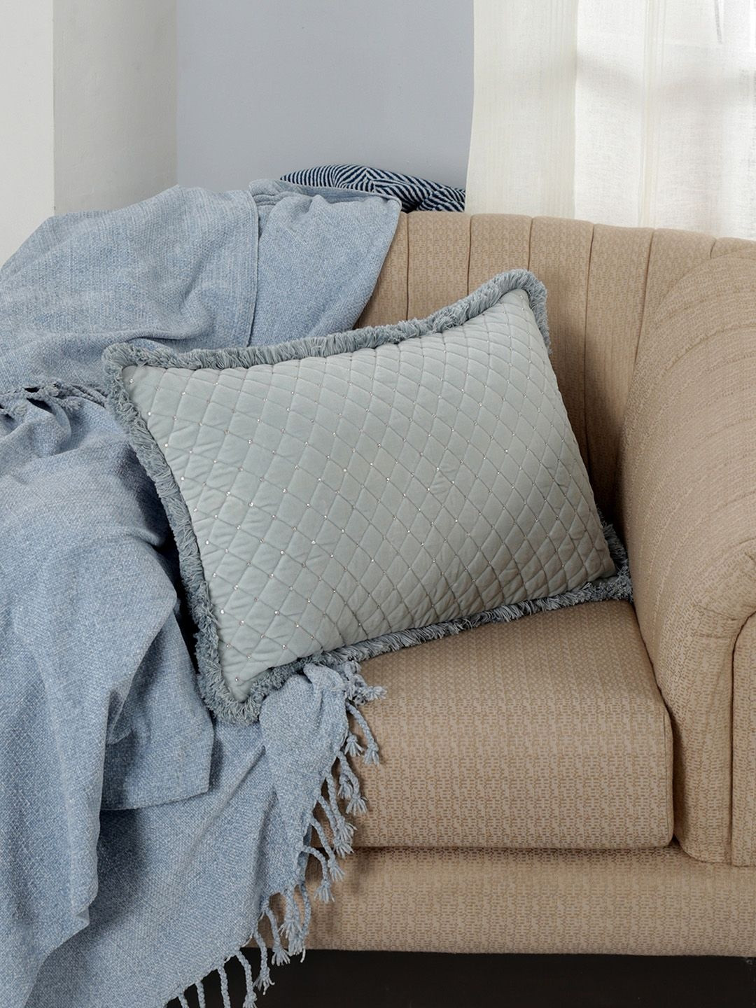 MASPAR Blue & Grey Embroidered Pure Cotton Rectangle Cushion Cover