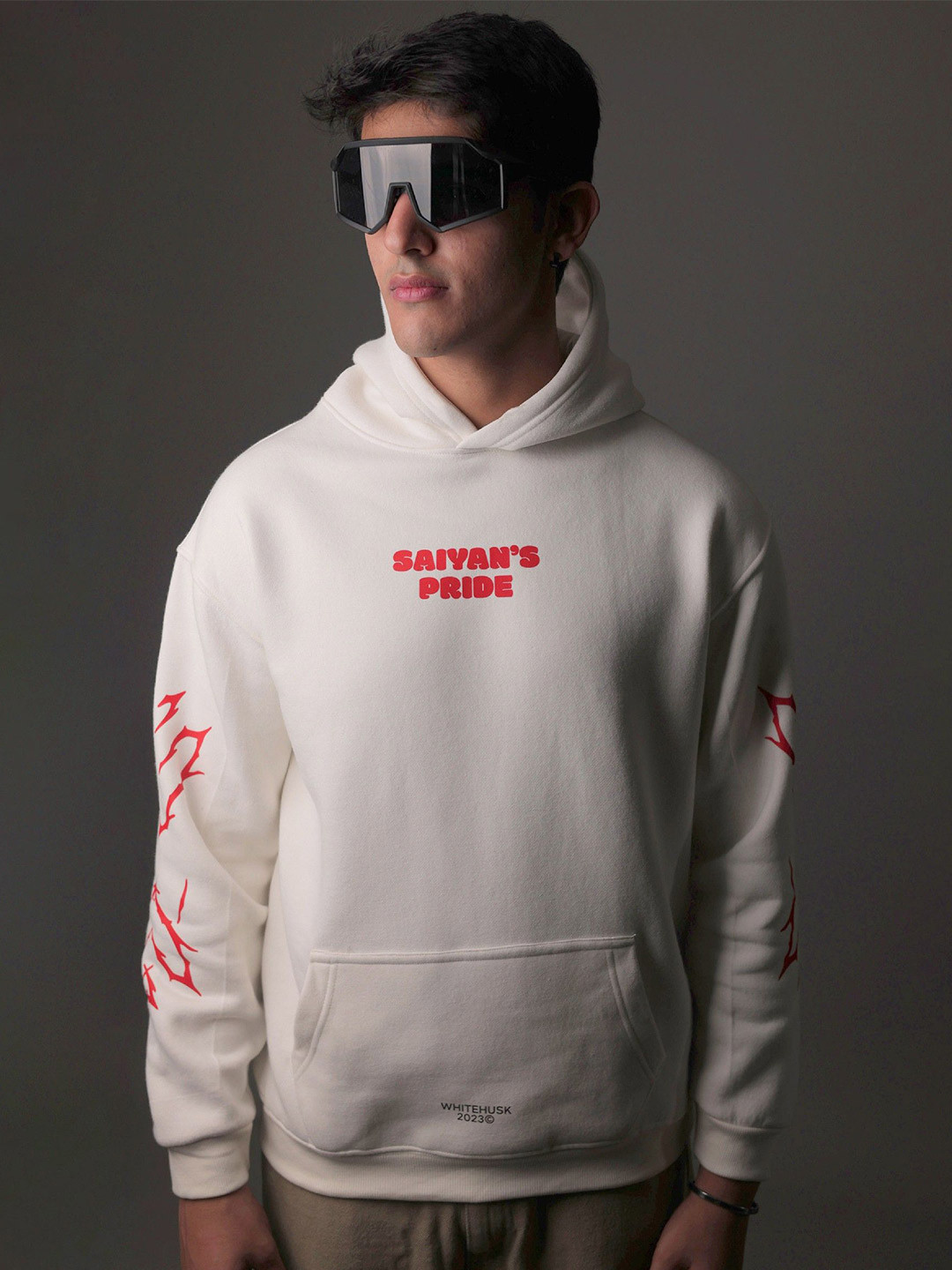 WHITE HUSK Vegeta Anime Graphic Printed Cotton Oversized Hooded Sweatshirt