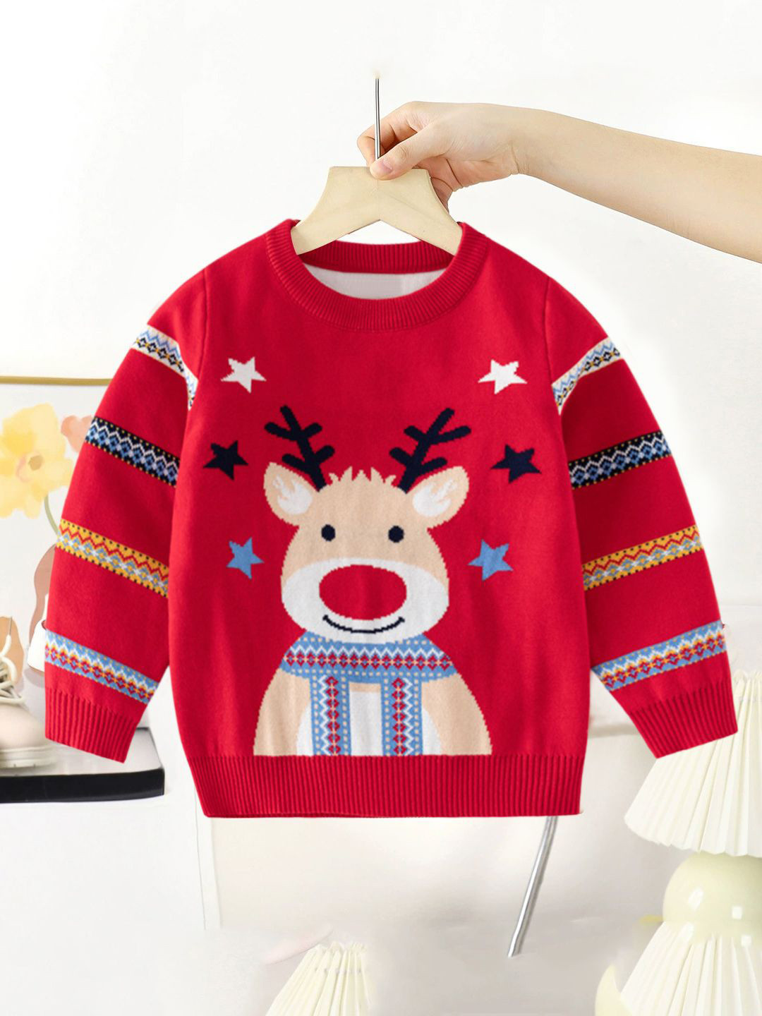 YK Girls  Red Self-Design Jacquard Pattern Regular Sweater