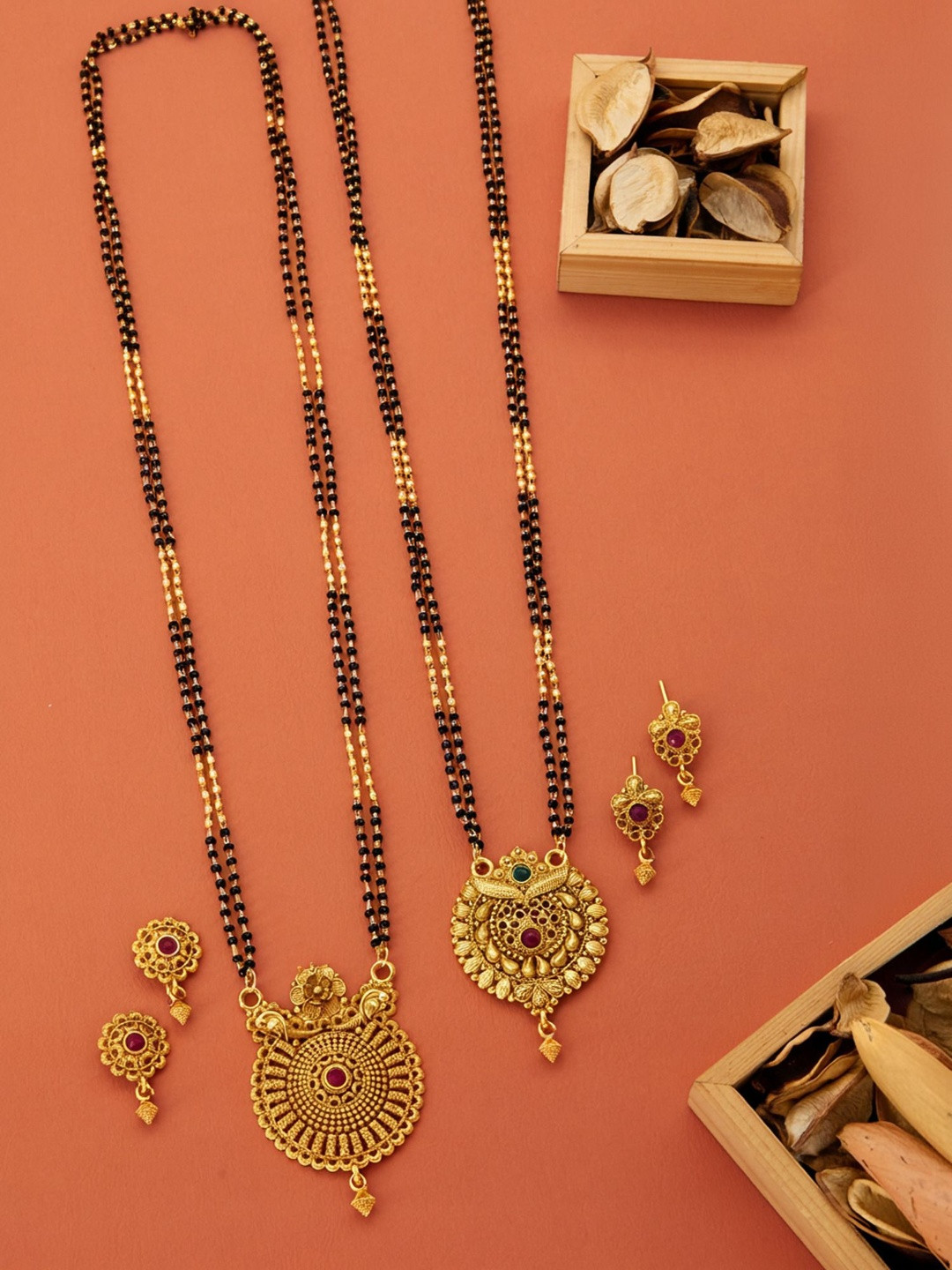 Bhanu diam Set Of 2 Stone-Studded & Beaded Mangalsutra With Earrings