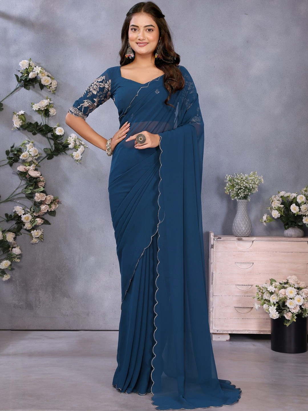 KALINI Embellished Embroidered Poly Georgette Saree