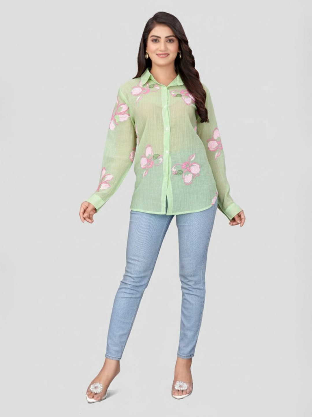 Madborn Creation Floral Printed Embriodery Semi Sheer Shirt