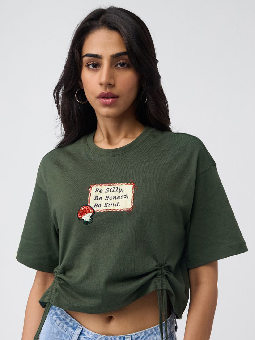 The Souled Store Oversized Be Honest Typography Printed Pure Cotton Crop T-Shirt