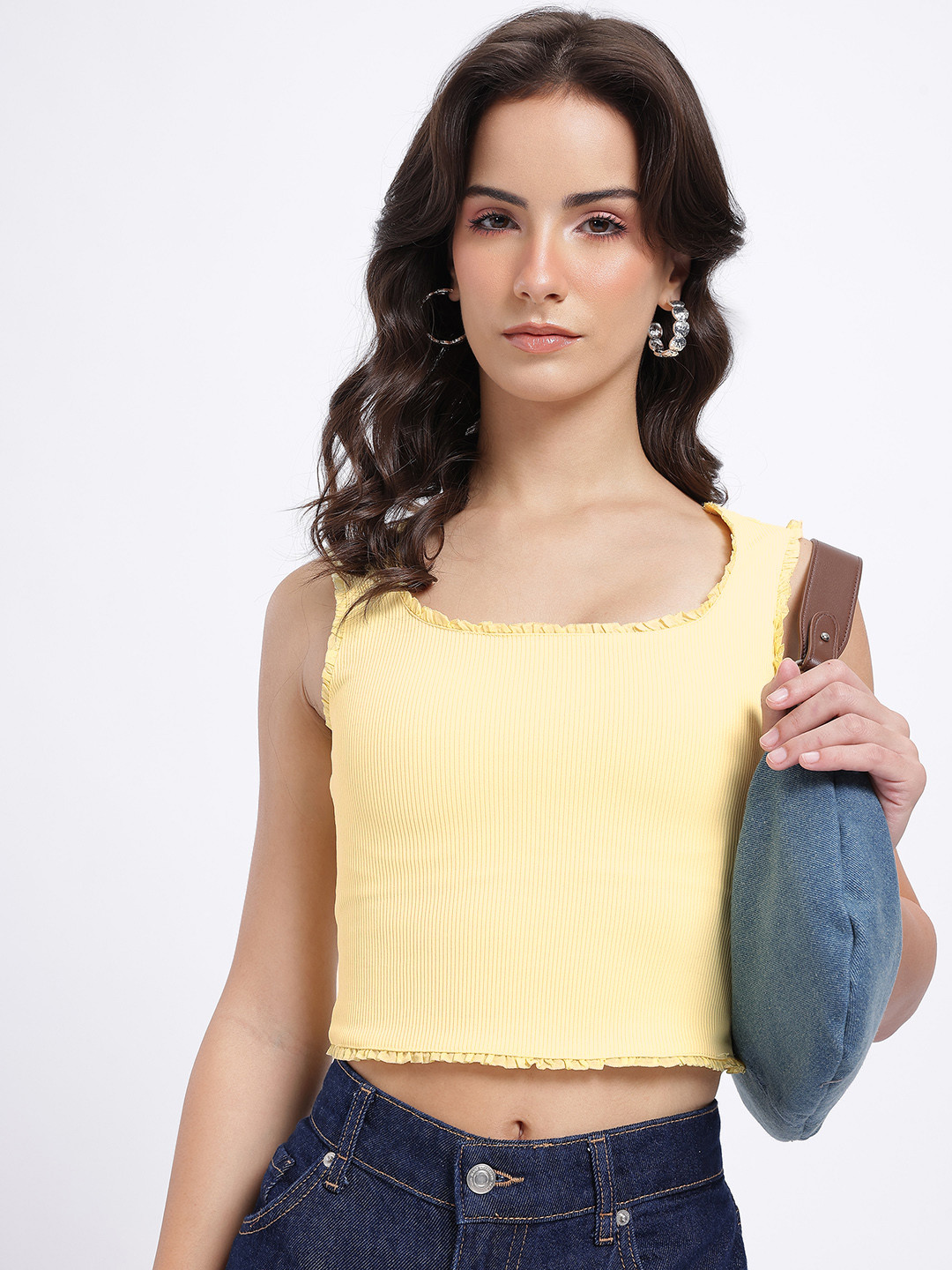 Yellow Ribbed Fitted Scoop Neck Crop Tank Top