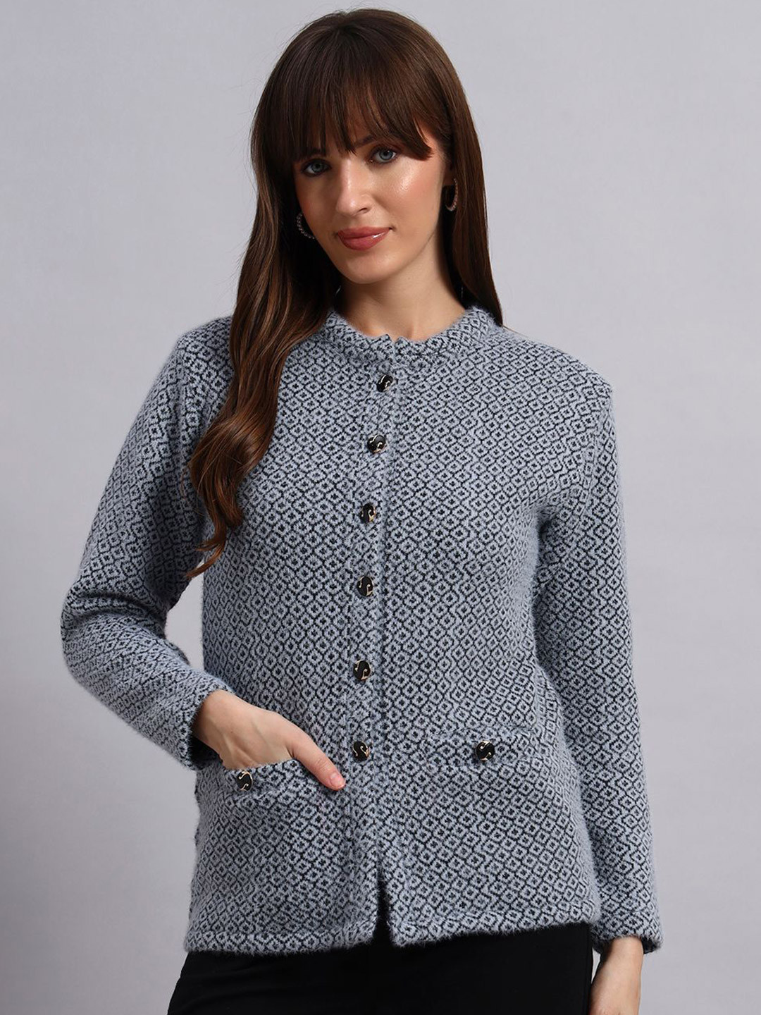 PYRO SPIRIT Women Self Design Geometric Round Neck Long Sleeves Cardigan