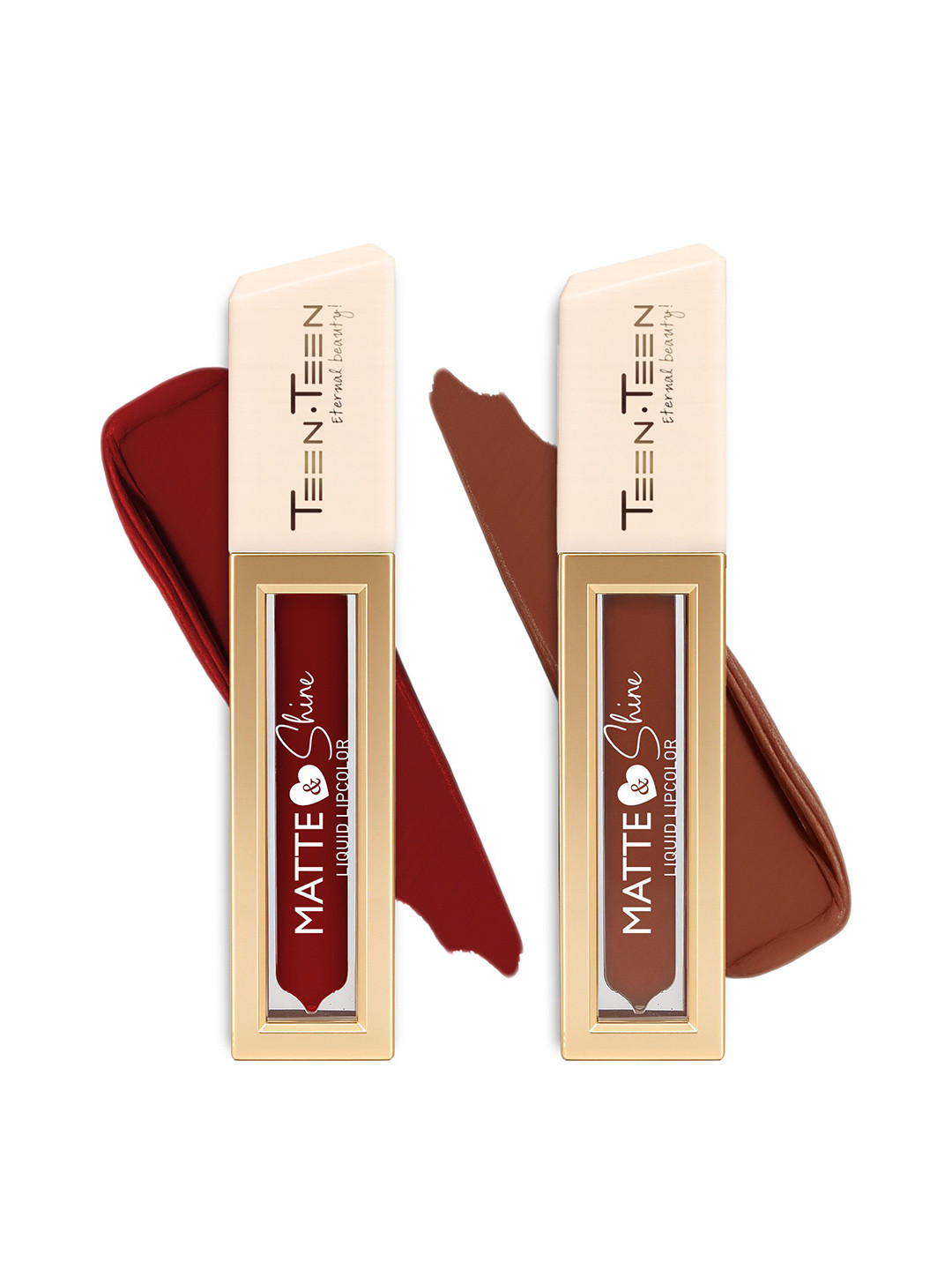 TEEN TEEN COSMETICS Set Of 2 Matte & Shine Liquid Lipcolor - 8ml Each - Caramel - Fire Red