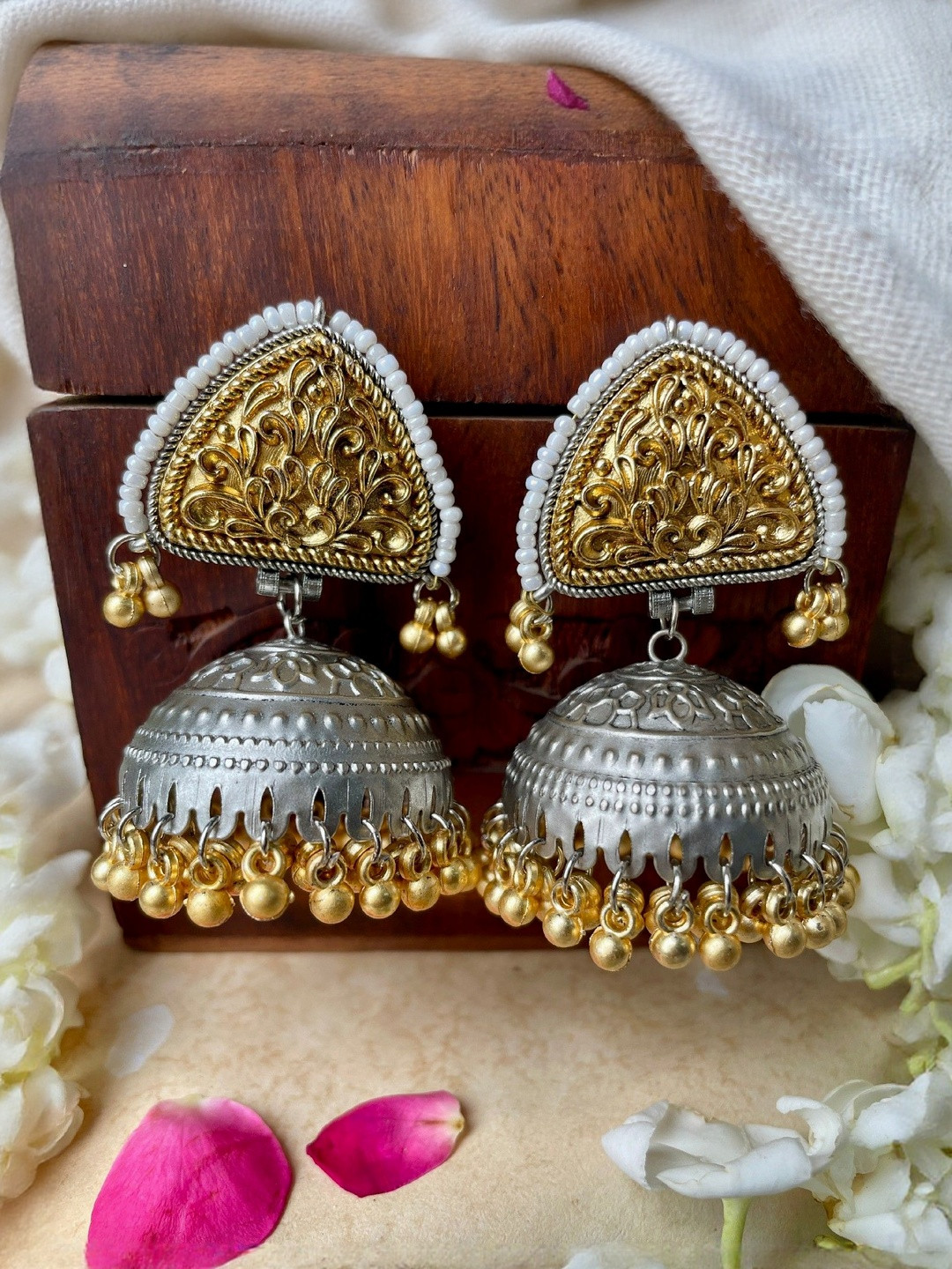 ISHKAARA Oxidised Triangular Dome Shaped Artificial Beaded Jhumkas