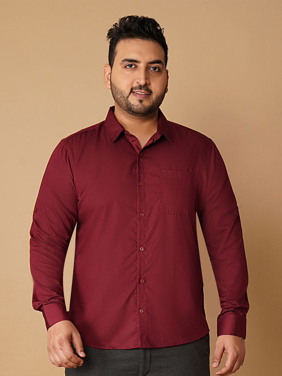 Sztori Plus Size Spread Collar Roll-Up Sleeves Pure Cotton Formal Shirt
