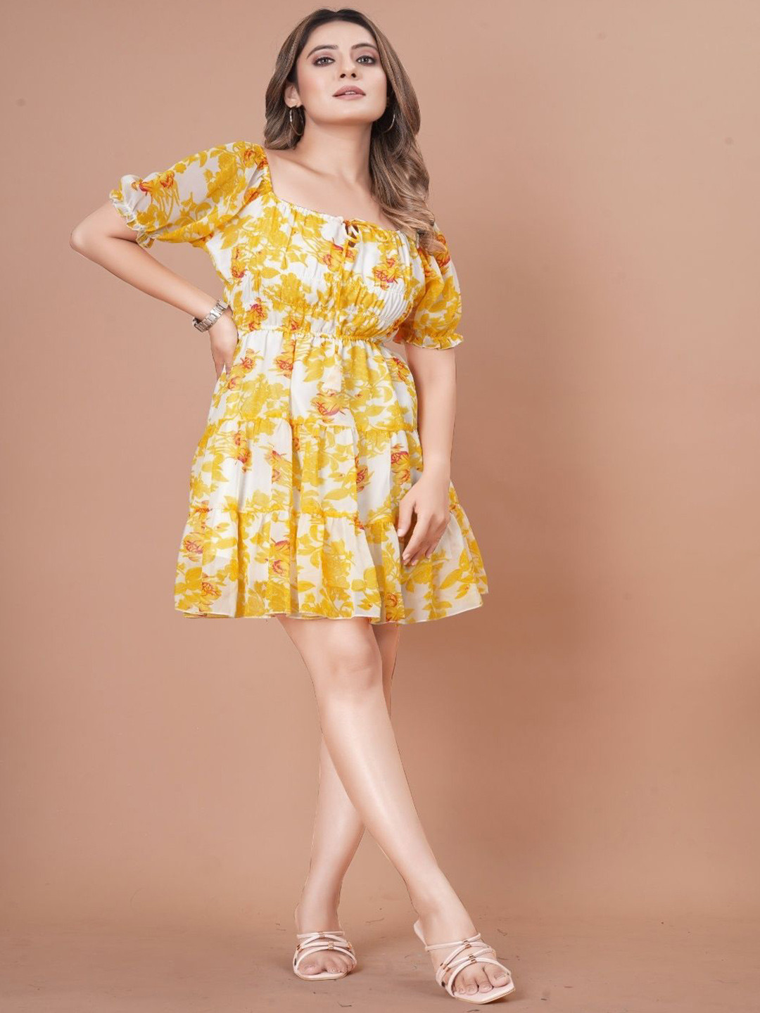 ZOHAN ENTERPRISES Women Floral Printed Square Neck Puff Sleeve Fit & Flare Mini Dress