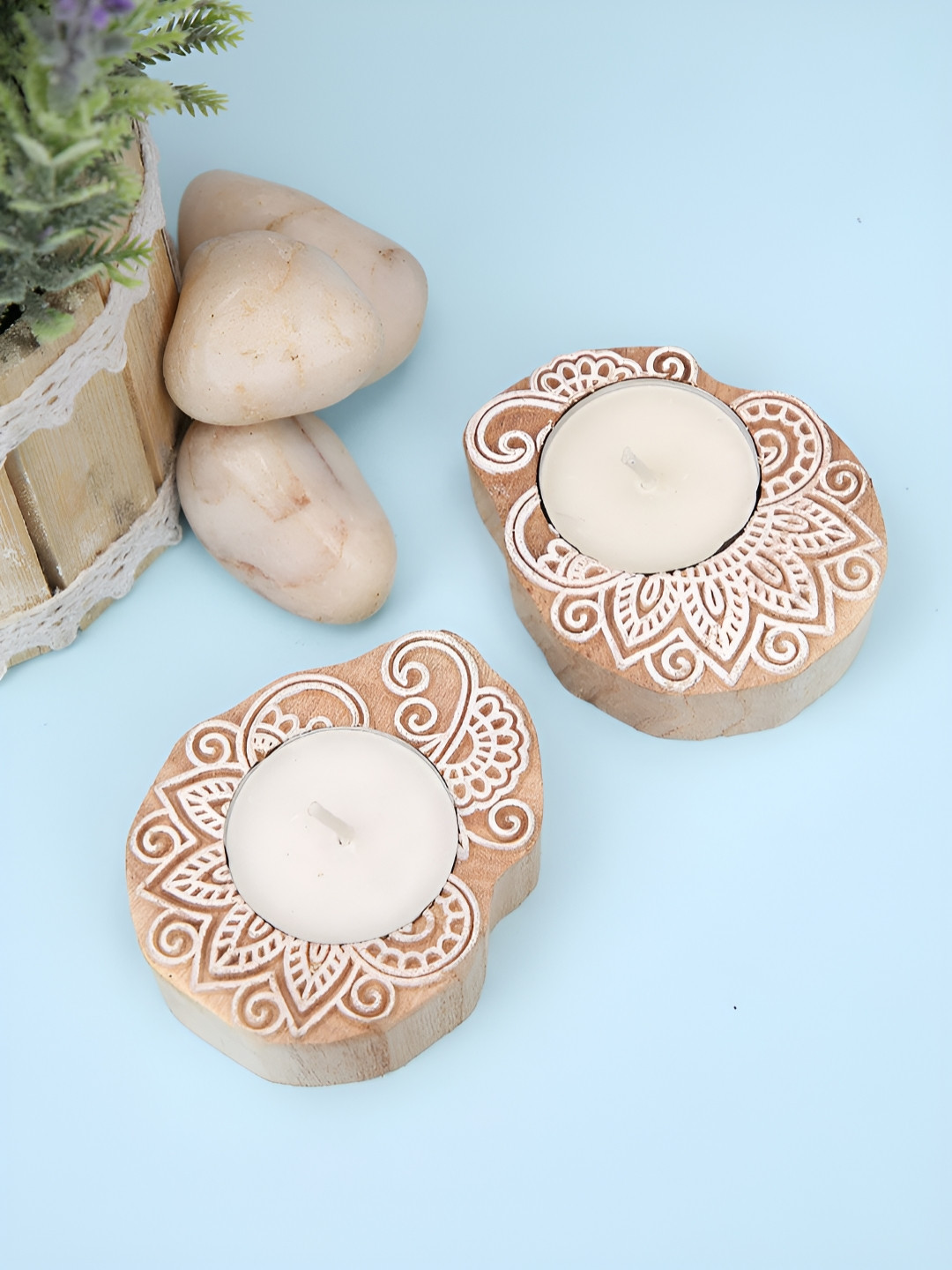 Aapno Rajasthan Cream And Brown 2 Pieces Wooden Candle Holders