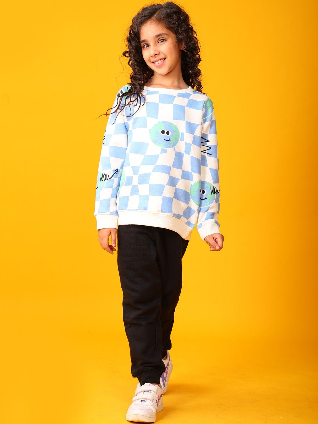 Anthrilo Girls Globe Check Printed Long Sleeves Sweatshirt With Joggers