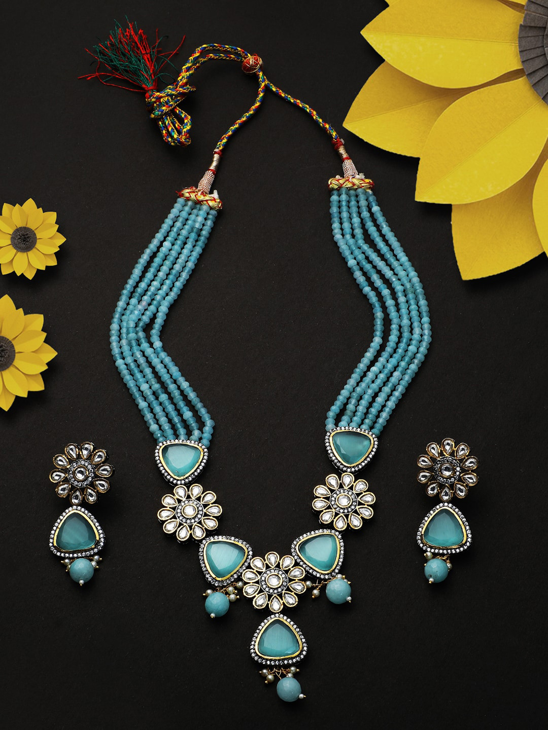 Adwitiya Collection Gold-Plated Blue & White CZ Stone-Studded Beaded Handcrafted Jewellery Set