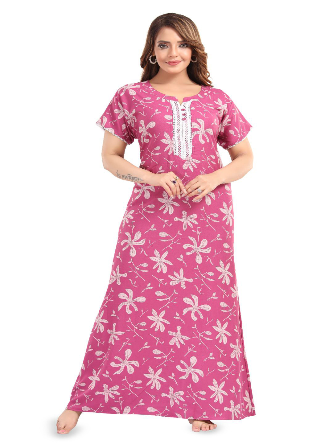 TRUNDZ Floral Print Lace Inserts Maxi Nightdress