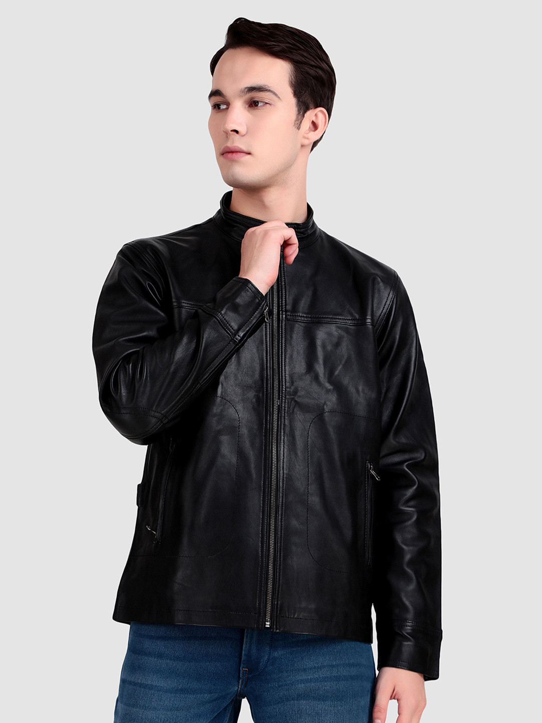 MaheTri Men Mandarin Collar Midnight Rider Black Leather Jacket