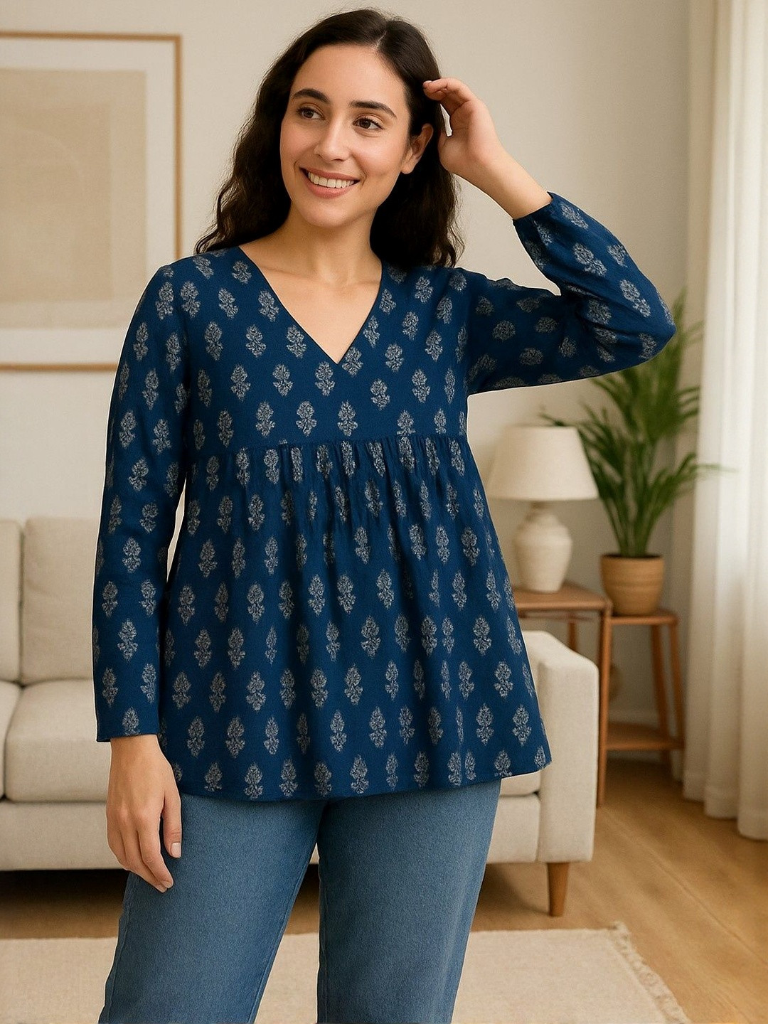 SANGANI Floral Printed V-Neck Kurti