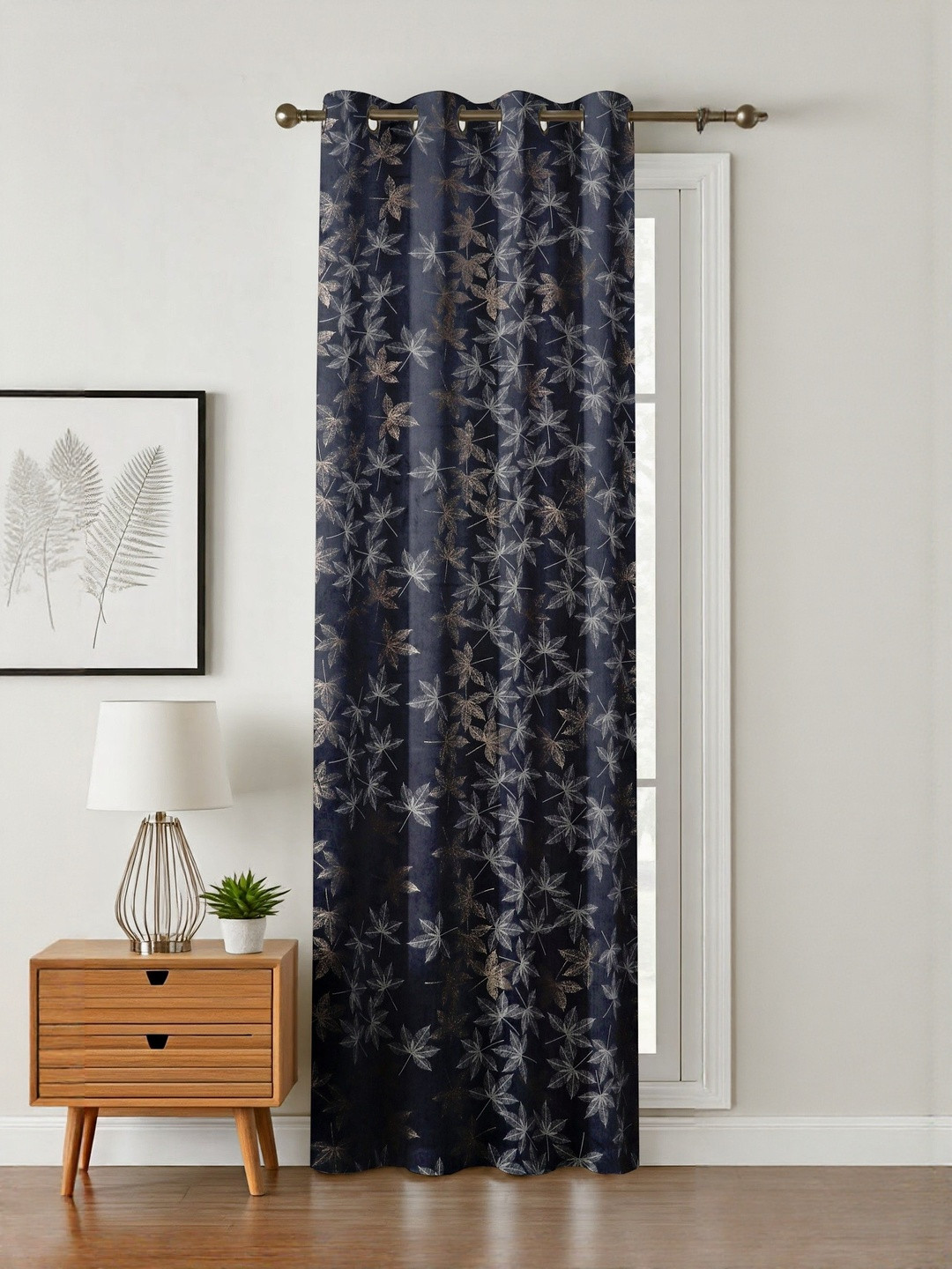 GEET CREATIONS Navy Blue & Gold-Toned Leaf Printed Velvet Room Darkening Door Curtain