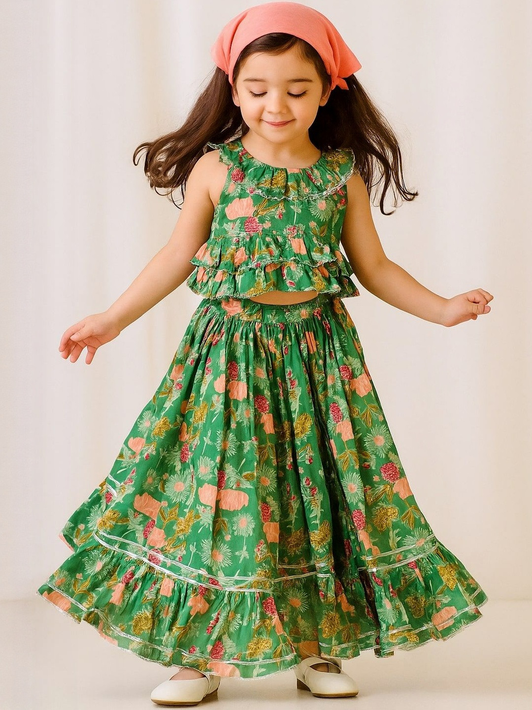 Mamma's Bear Girls Floral Print Ready to Wear Lehenga & Choli With Head Scarf