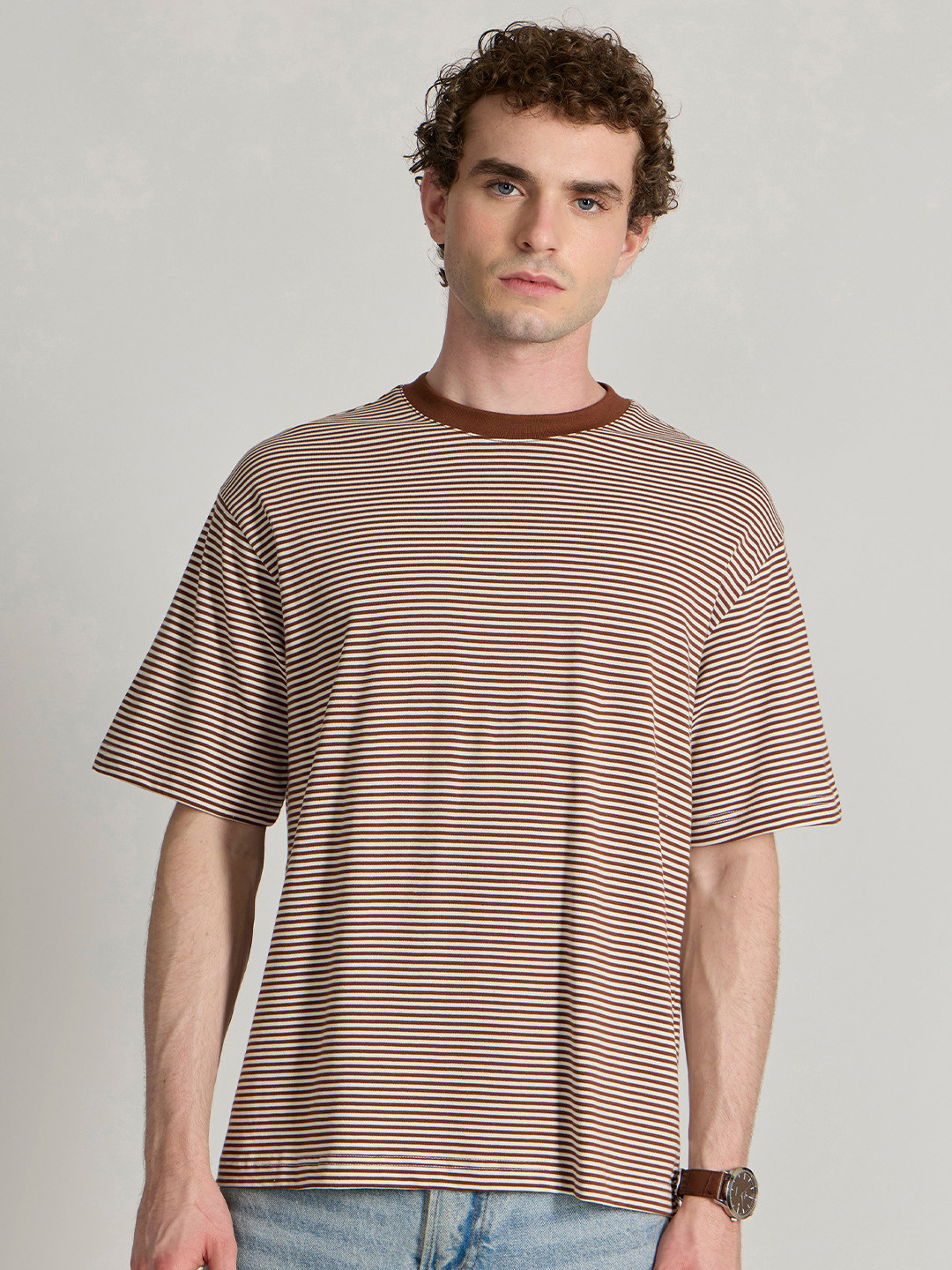 Espanshe Men Striped Round Neck Cotton Oversized T-shirt
