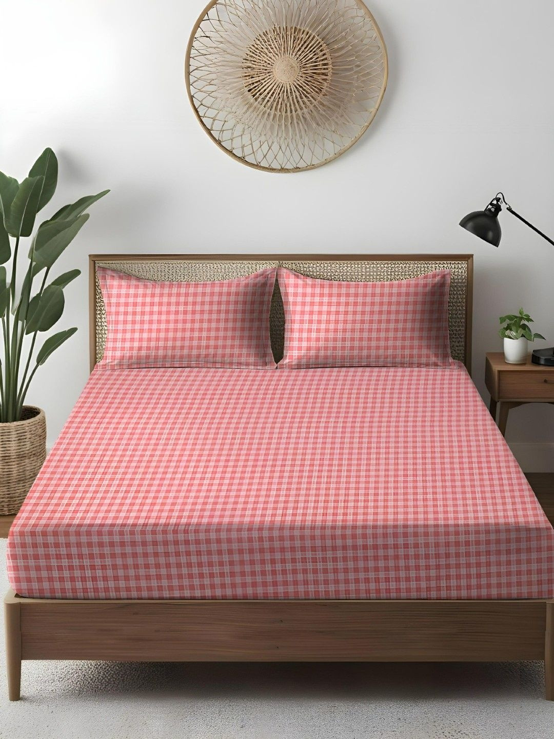 WEAVE AND DECOR Pink Checked Pure Cotton Feel 300 TC Queen Fitted Bedsheet Set-1.82mx1.82m