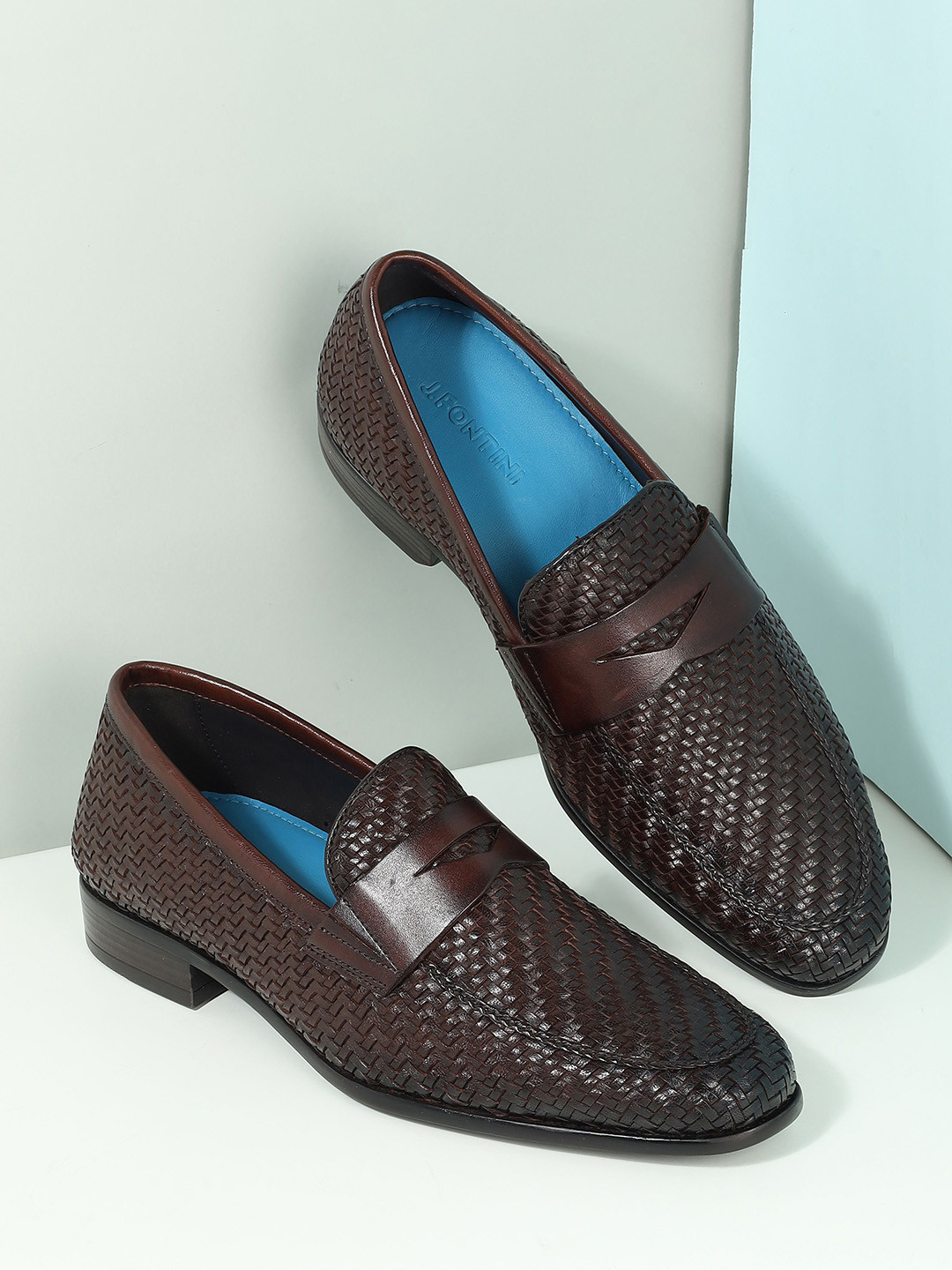 Mochi Men Textured Woven Design Leather Slip-On Formal Loafers