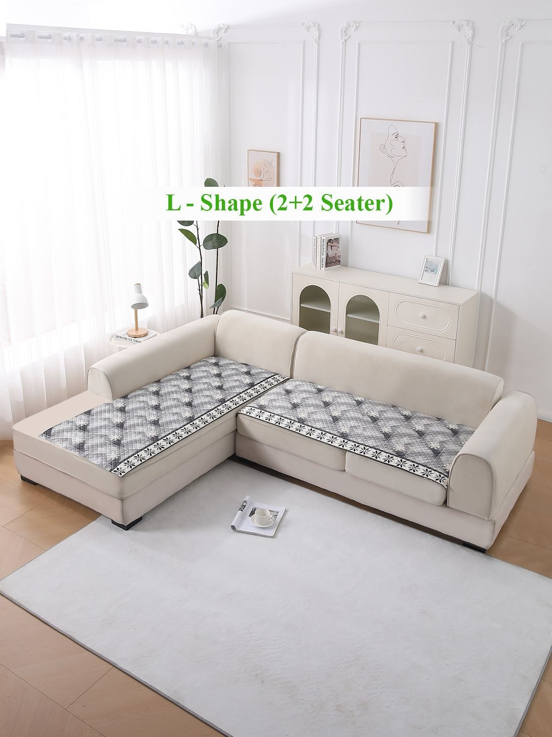 HOKIPO LiefNest Grey 2Pc Printed Velvet L Shape 4 Seater Sofa Cover Mat with Foam Filling