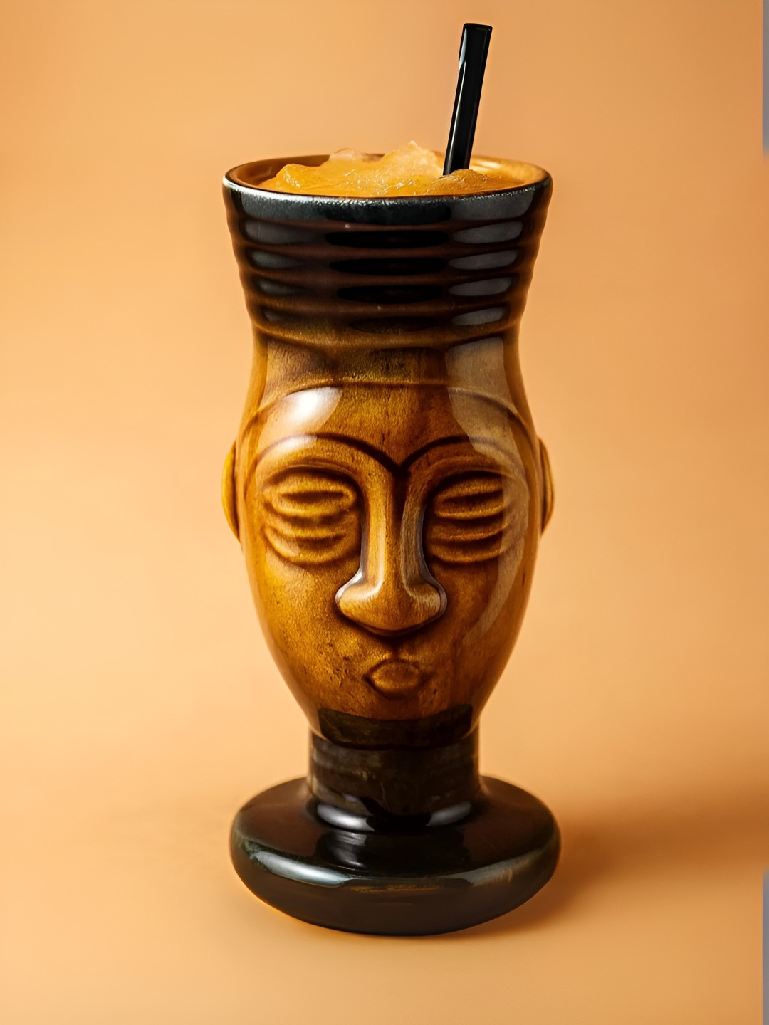 SMOKEY COCKTAIL Brown & Black 2 Pieces Tropical Wave Tiki Stoneware Bar Glasses