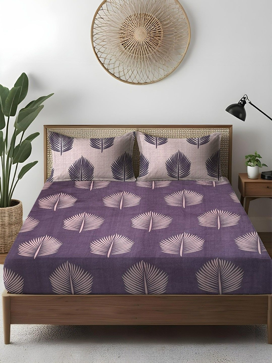 WEAVE AND DECOR Purple Leaf Pure Cotton 300 TC Double King Fitted Bedsheet Set 1.82mx1.98m