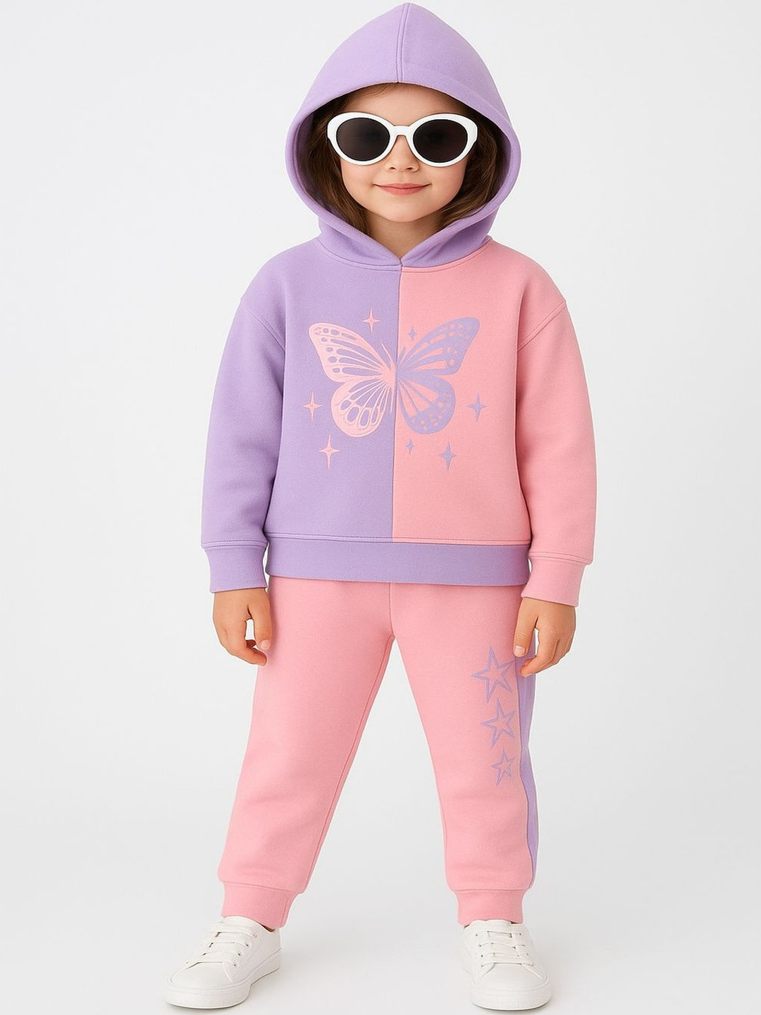 BRIGHT STARS KIDSWEAR Girls Colourblocked Pure Cotton Hoodie and Jogger Set