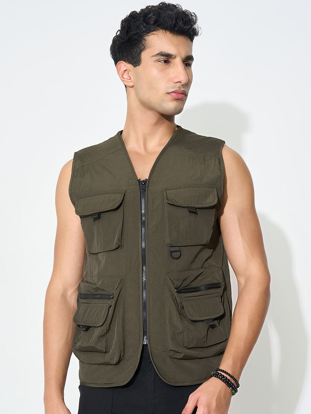 7 Alt by Pantaloons Self Design Collarless Sleeveless Shoulder Tabs Open Front Jacket