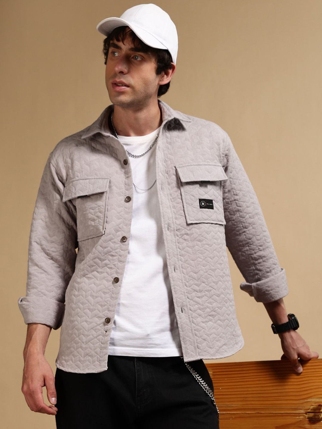 Blu MNKY Classic Textured Spread Collar Box Pockets Oversized Casual Shacket Shirt