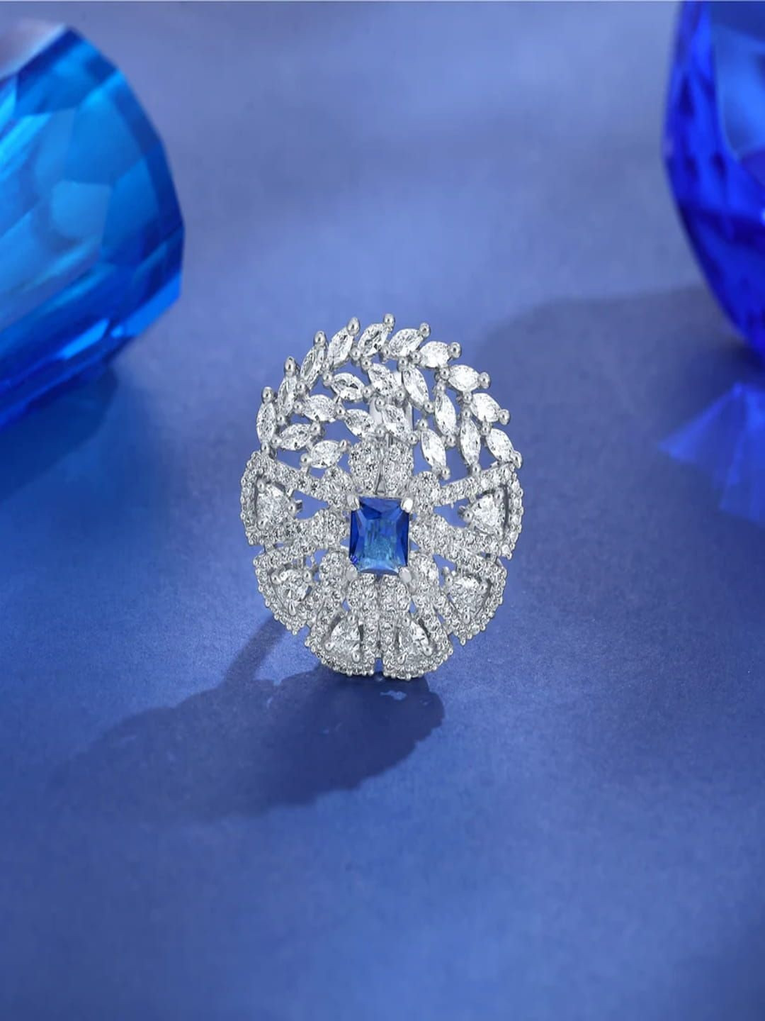 Zoki Sterling Silver-Plated Sapphire And American Diamond Studded Finger Ring