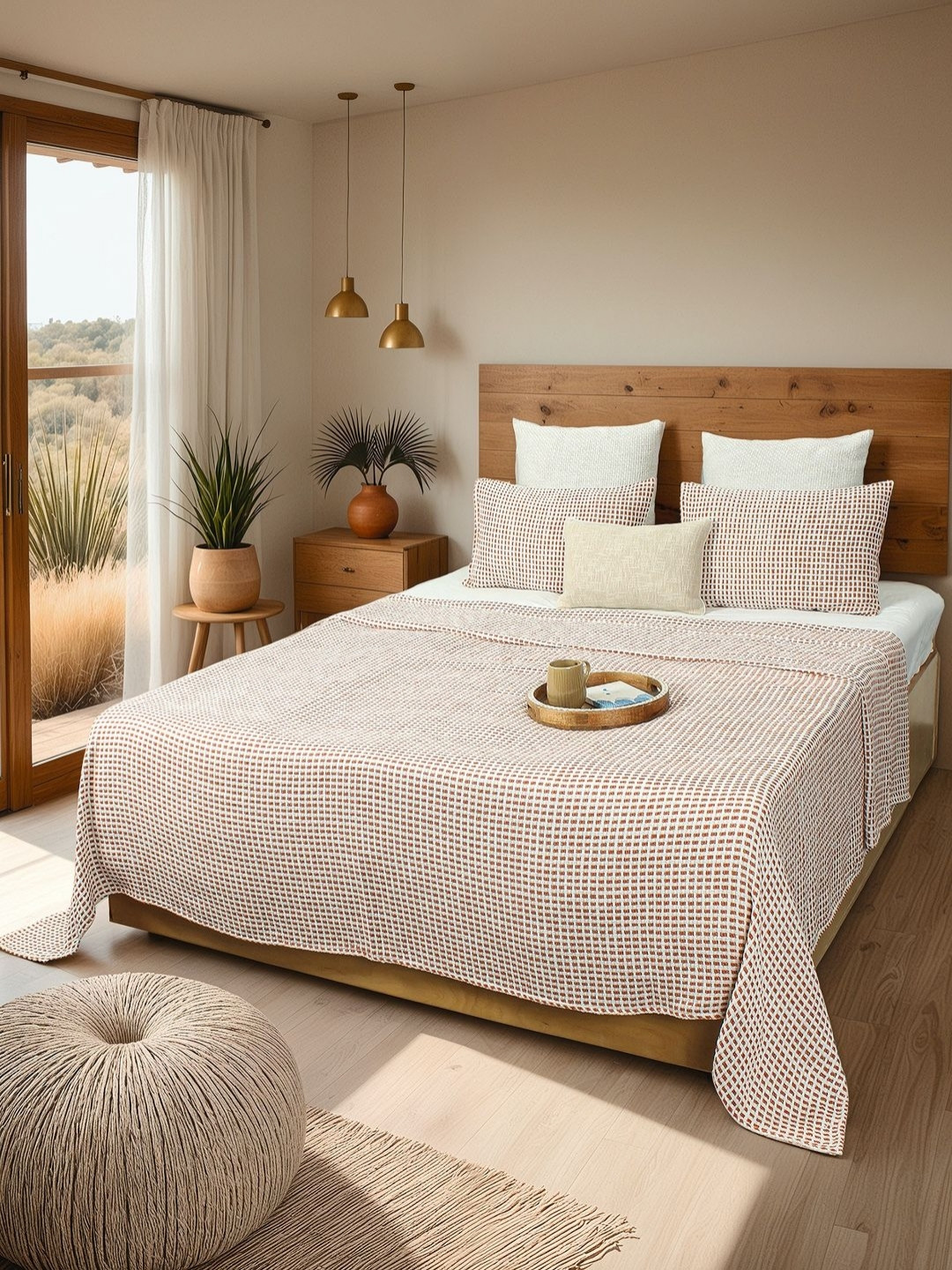 House This Rust & White Self-Design Checked 120 TC Pure Cotton Double Queen Bed Cover