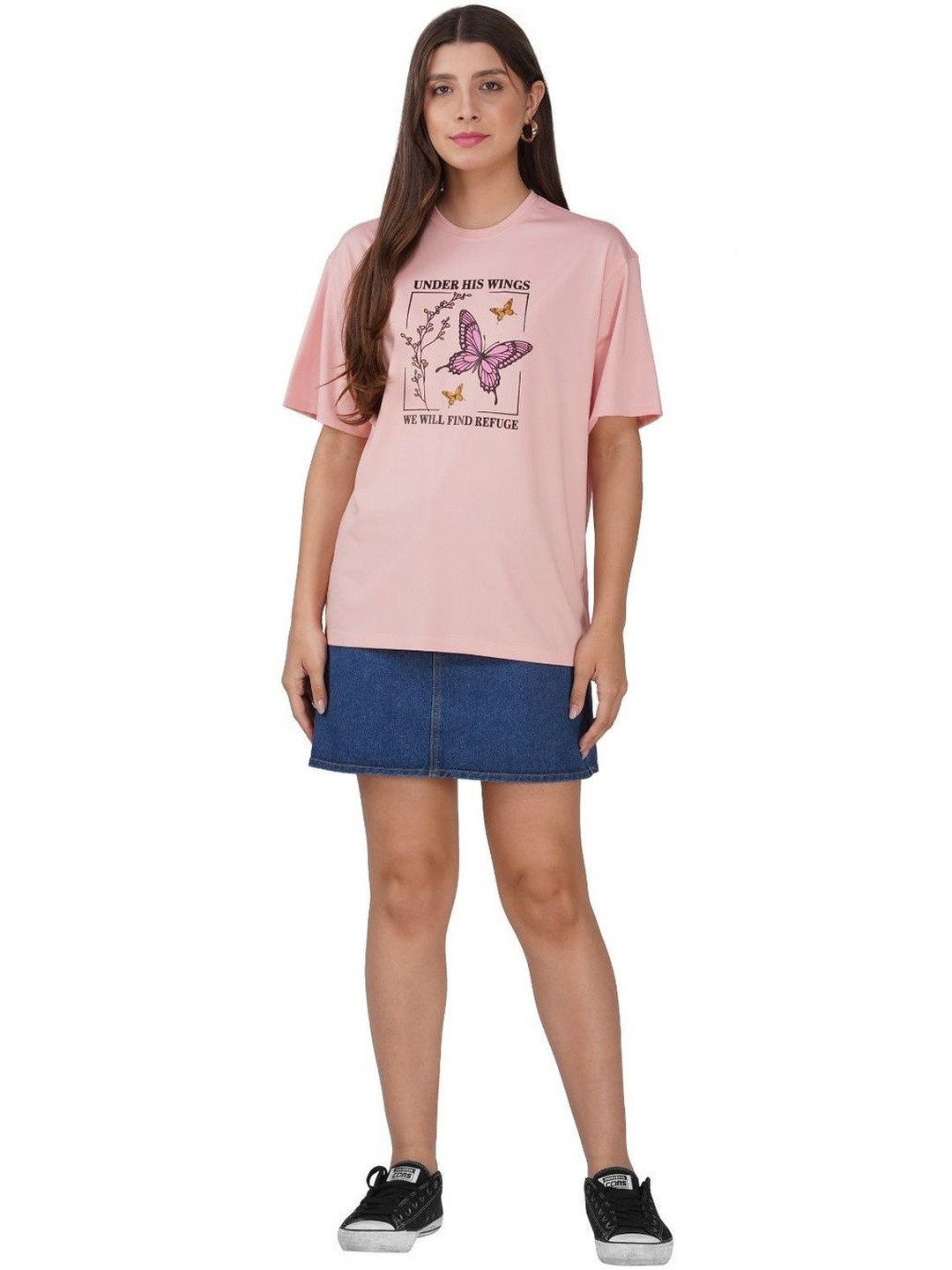 S P Stour Women Peach Printed Round Neck Cotton T-shirt
