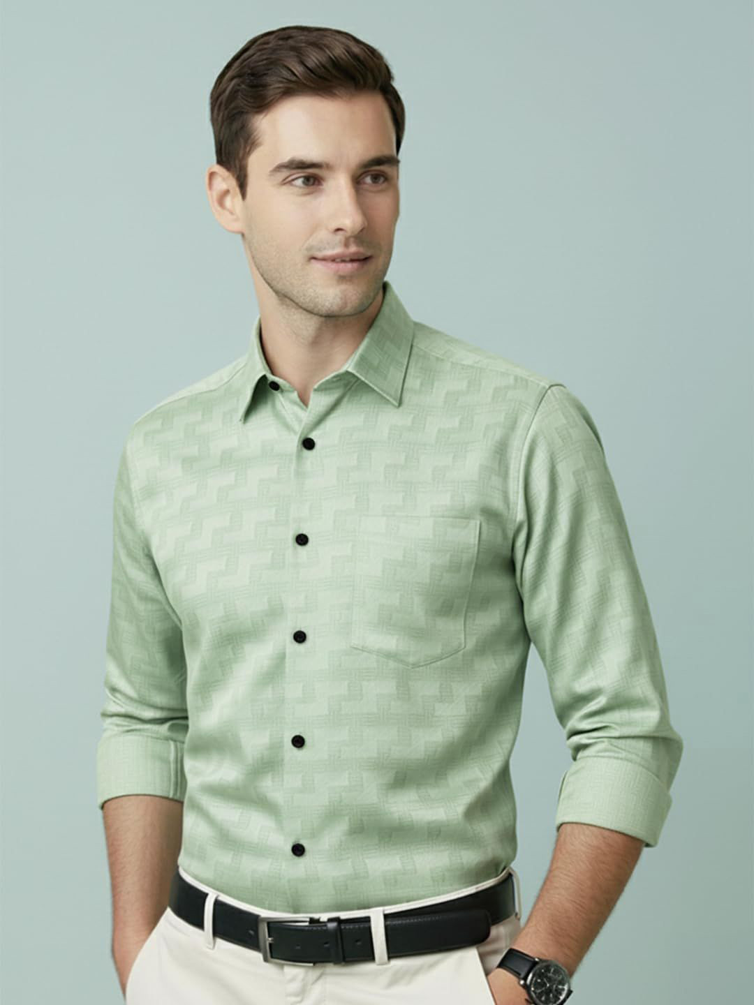 Vida Loca Smart Slim Fit Cotton Self Design Spread Collar Roll-Up Sleeves Semiformal Shirt