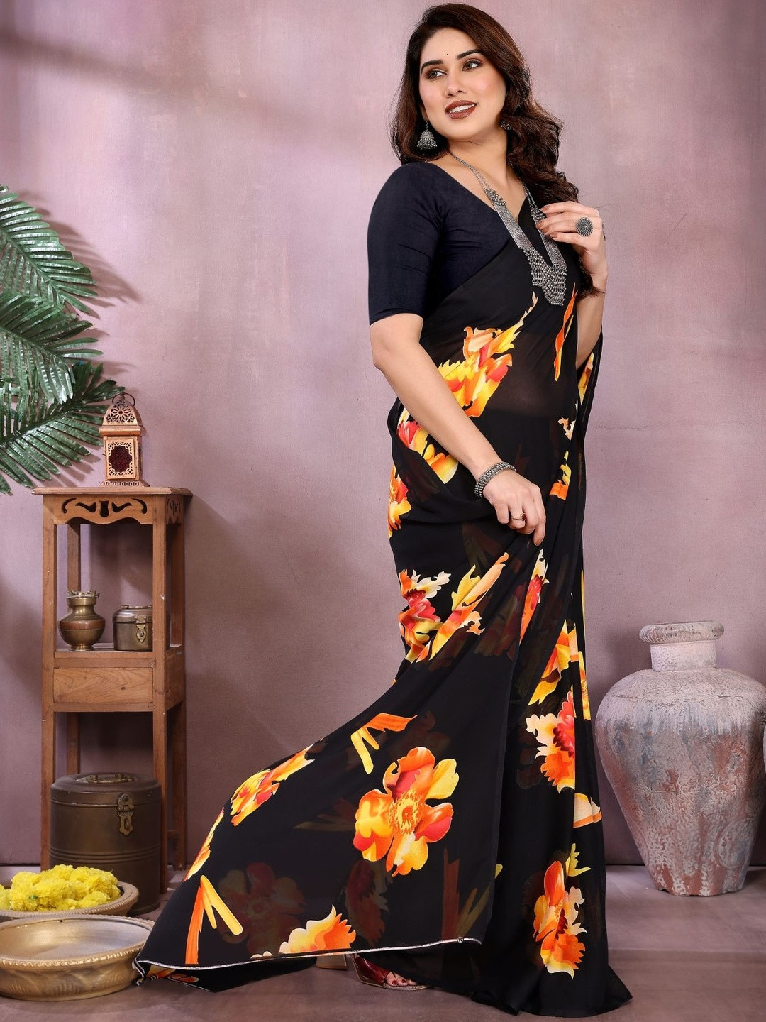 vj fashion Floral Printed Pure Georgette Saree with Blouse Piece