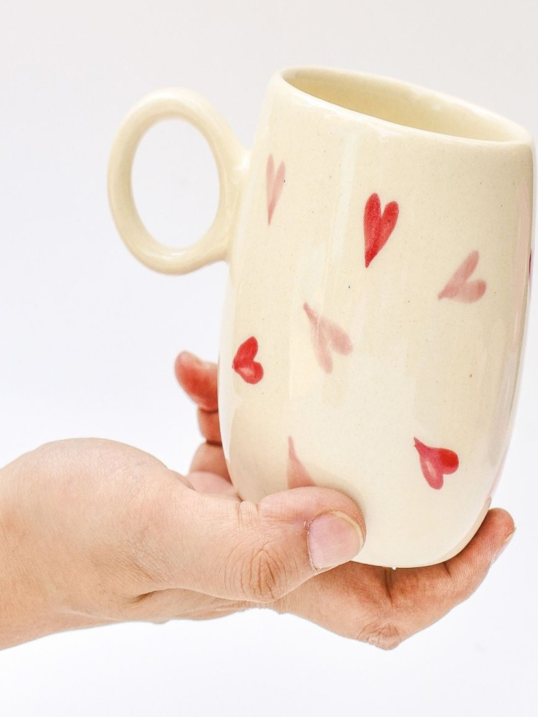 QSHI STUDIO White & Red Printed Ceramic Glossy Mugs 220 ml