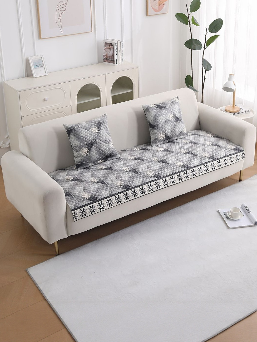 HOKIPO LiefNest Grey Printed Holland Velvet Sofa Mat for 1 Seater with Foam Filling