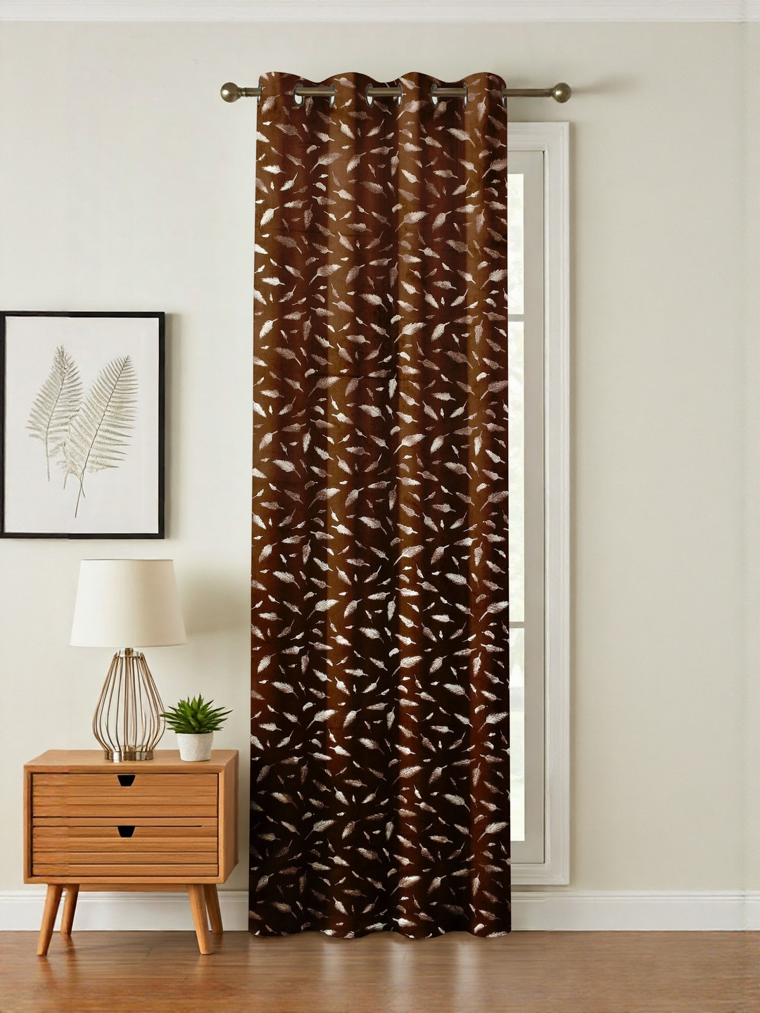 GEET CREATIONS Brown & Gold Feather Print Room Darkening Door Curtain