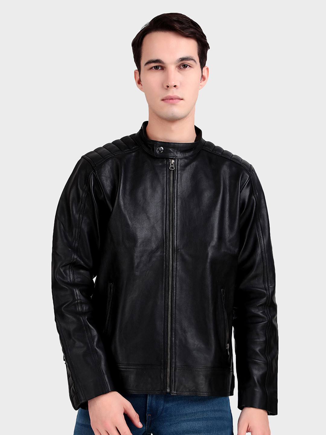 MaheTri Men Mandarin Collar Premium Men's Black Leather Jacket