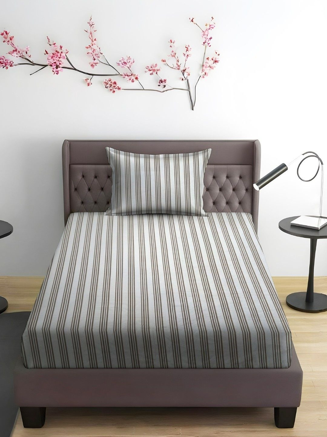 WEAVE AND DECOR Grey & White Striped Pure Cotton 300TC Single Bedsheet Set 2.28 m x 1.52 m