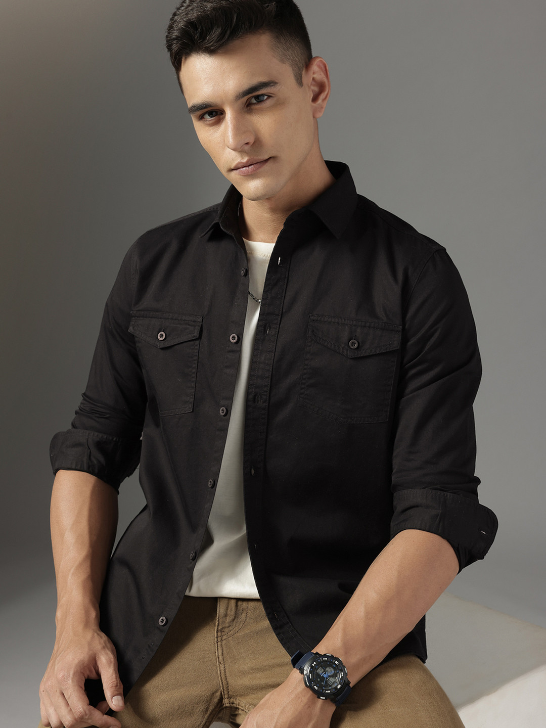FCUK Solid With Flap Pockets Pure Cotton Casual Shirt