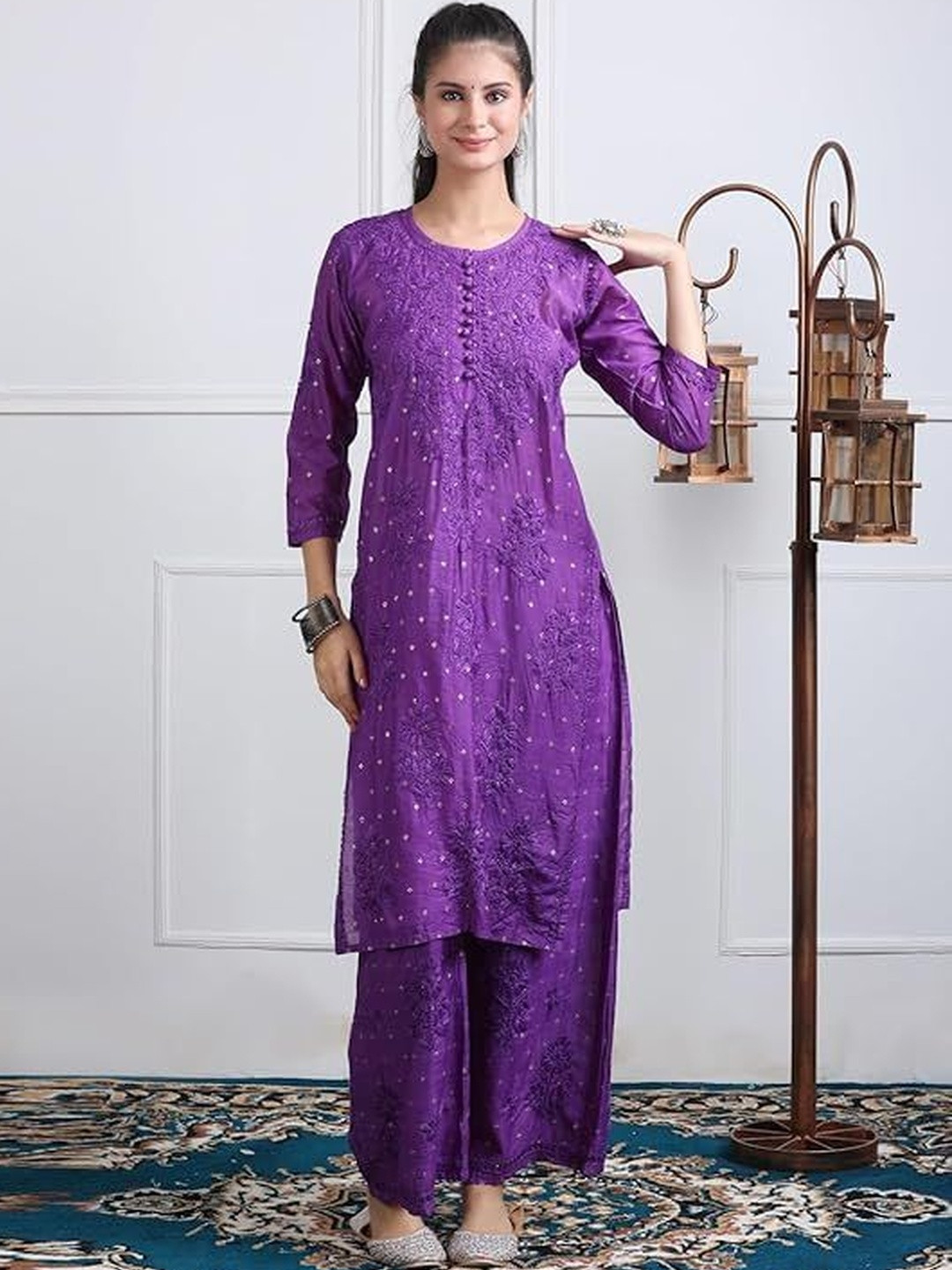 pkz lucknawi chikan Women Embroidered Regular Chikankari Pure Cotton Kurta Set