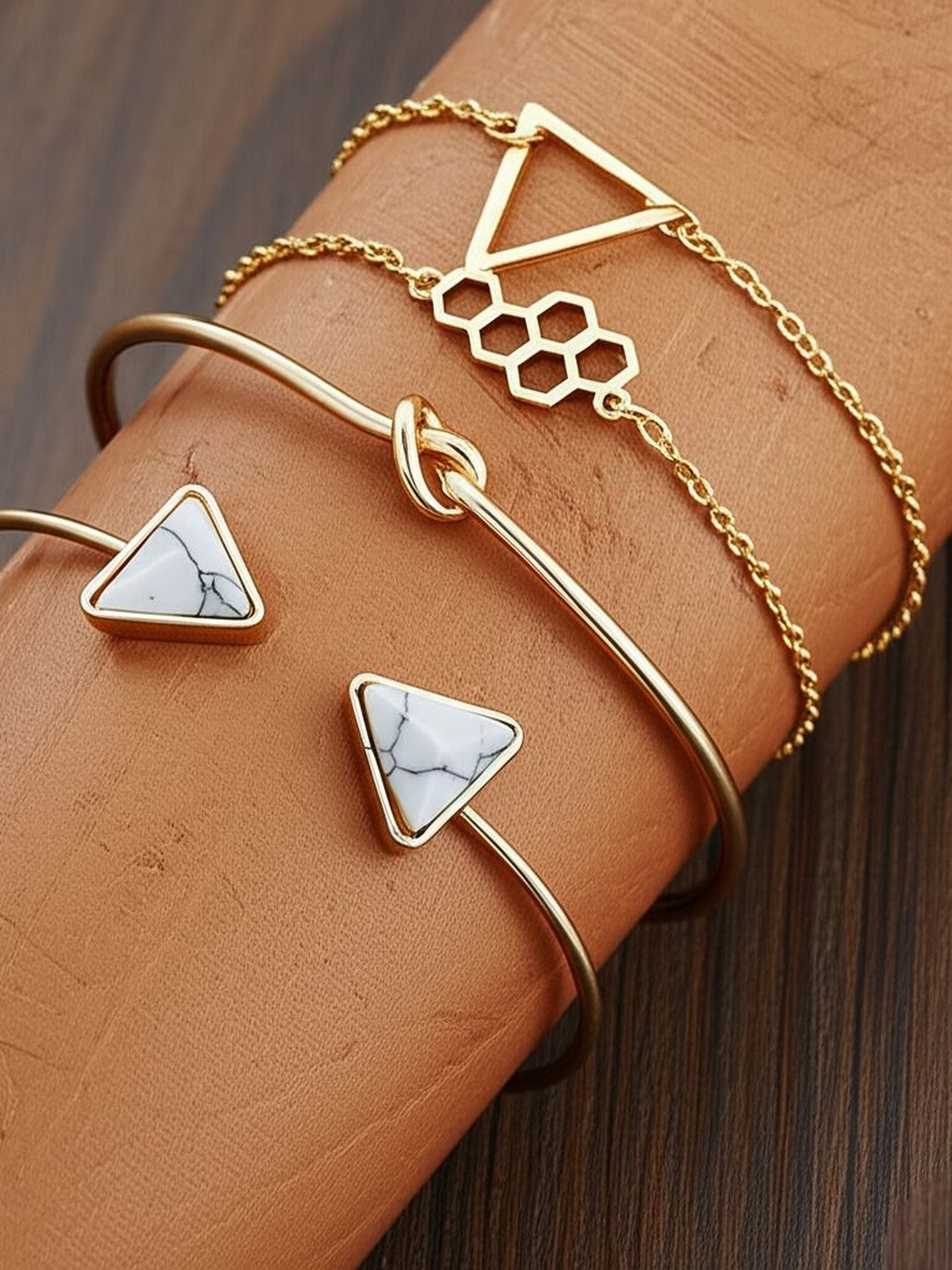 DressBerry Set Of 4 Gold-Plated Multi Design Crystal Cuff Bracelet