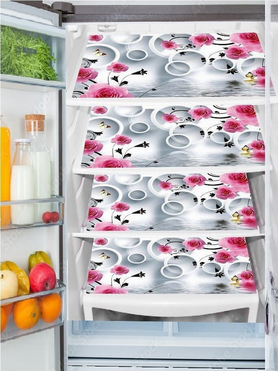 Cread Craft Grey & Pink Pack Of 4 Floral Printed PVC Fridge Mats