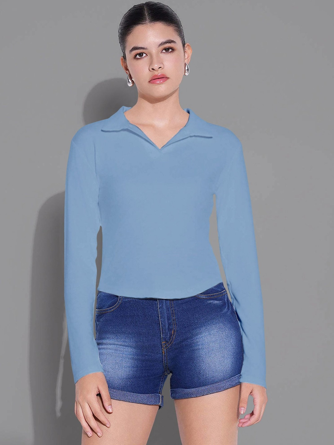 Maheshvi Top-24-Apple-SkyBlue Women Shirt Collar Long Sleeves Fitted Top