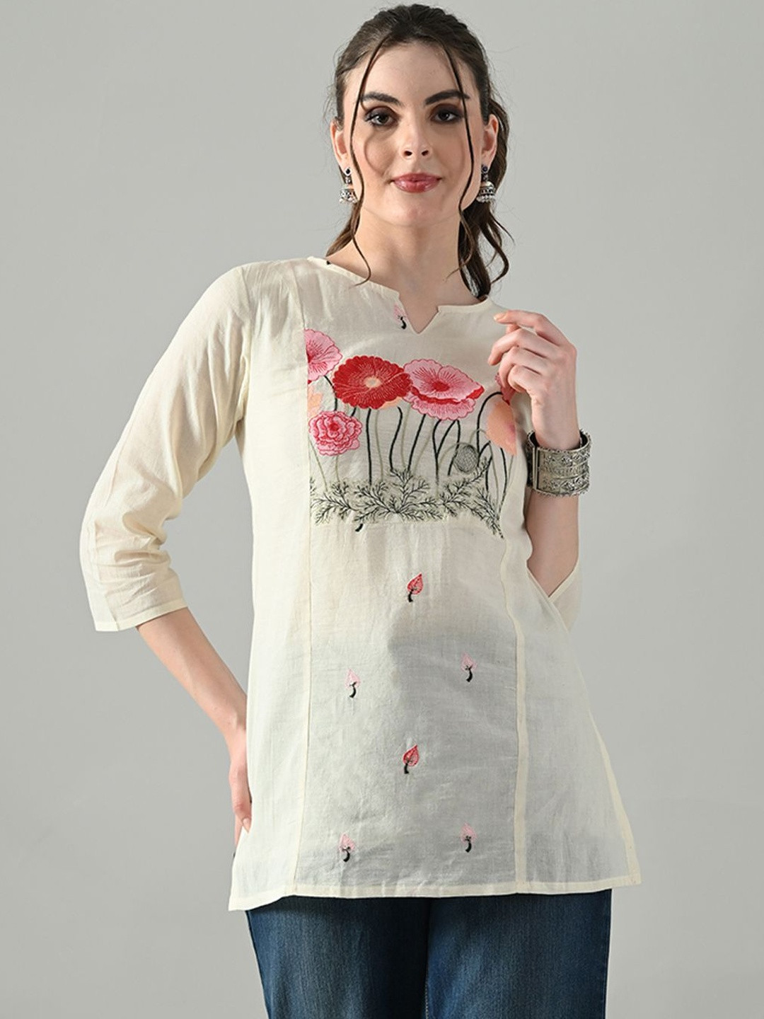 HERE&NOW Floral Embroidered Thread Work Pure Cotton Thread Work Panelled Kurti