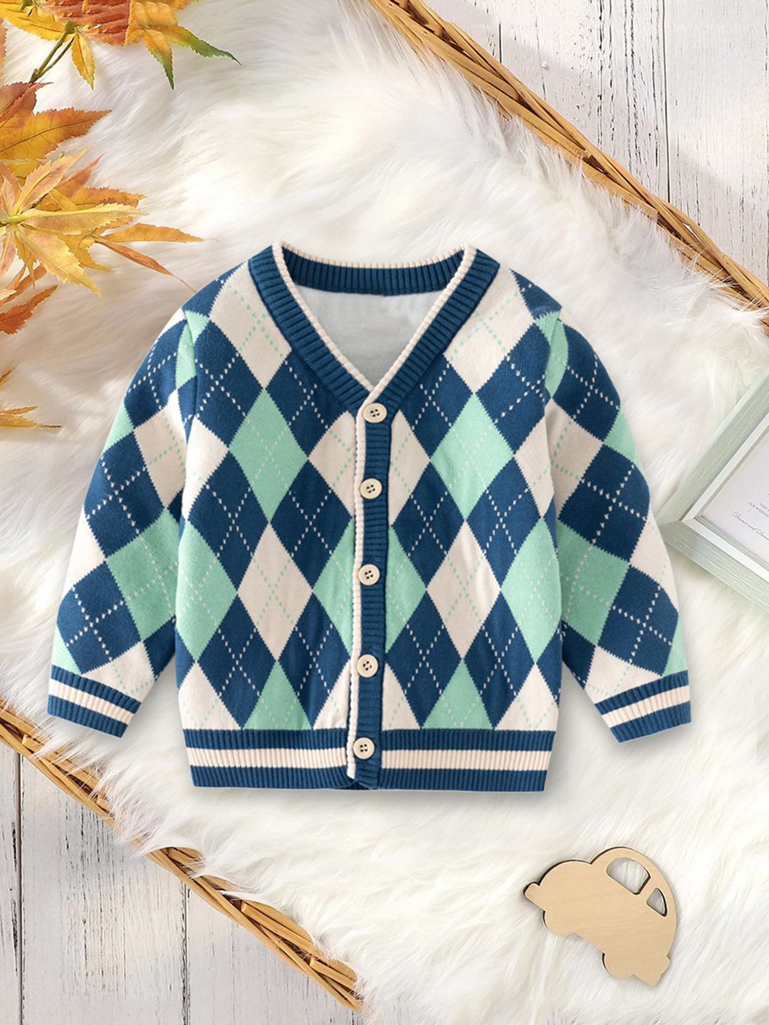 YK Boys Fair Isle Self Design Checked V-Neck Full Sleeve Cardigan